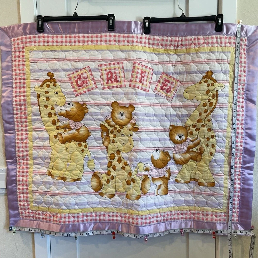 Baby Blanket Quilt Yellow Purple Pink Giraffe Bear Satin VTG Cottage Farm Boho‎